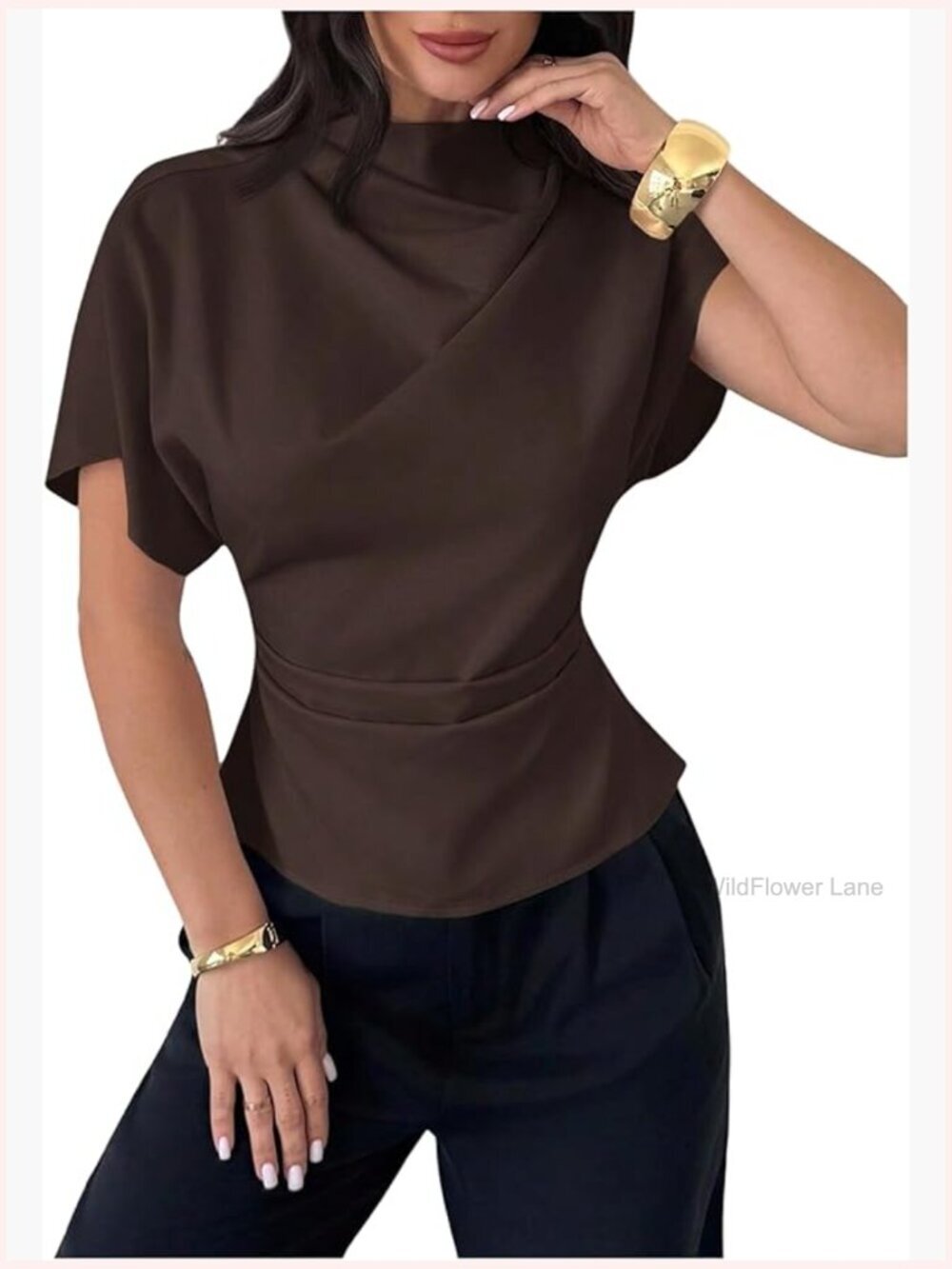 Women's Cinched Waist Blouse Dressy Ruched Dolman Short Sleeve Shirts Trendy